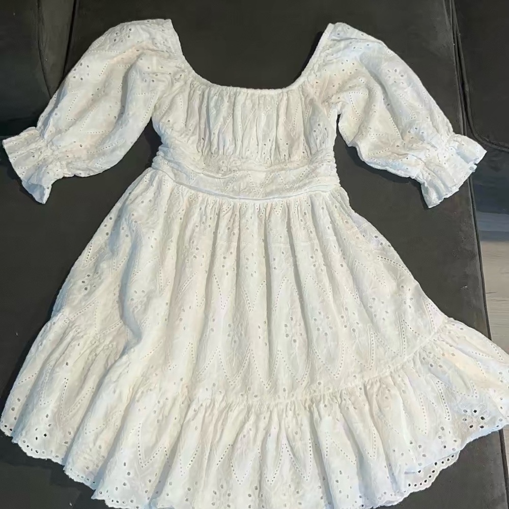 Altar'd State White Eyelet Midi Dress with Puff Sleeves